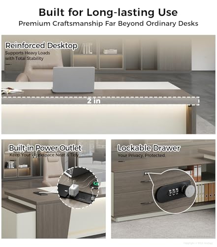 79" L-Shaped Executive Desk with Drawers, Large Modern Office Desk with Storage Shelves, LED Lighting, Built-in Outlet & USB Ports – Home Office Desk (Smoked Oak & Cream White, Left Return)