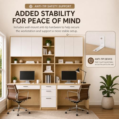 Large Two Person Desk with Bookshelf, Double Desk, Hutch and 5 Drawers, view 8