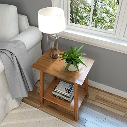 Wooden Side Table with Storage, Mid Century Modern End Tables for Living Room, Small Solid Wood Nightstand, Bedside Tables, Bedroom Furniture, Pecan