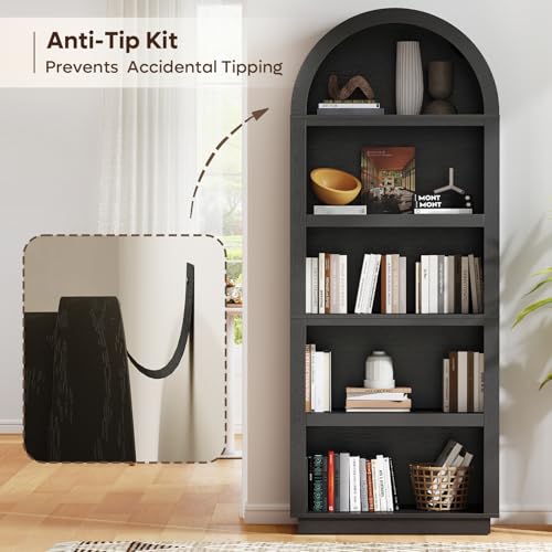 76" Tall Arched Bookshelf with Adjustable 2 Book Shelves, Black Oak, view 7