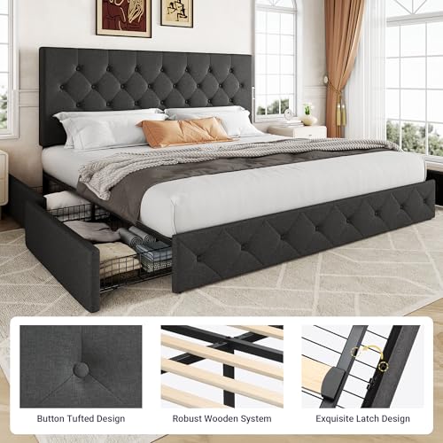 Upholstered King Size Platform Bed Frame with 4 Storage Drawers and Headboard, view 7
