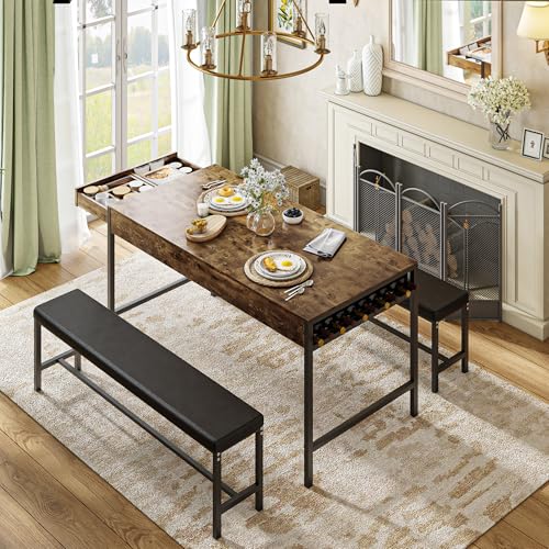 65" Dining Table Set for 4-6, 3-Piece Kitchen Set with 2 Utensil Drawers, 2 Benches & Wine Rack, Space Saving & Heavy Duty, with Metal Frame & MDF Board, Brown