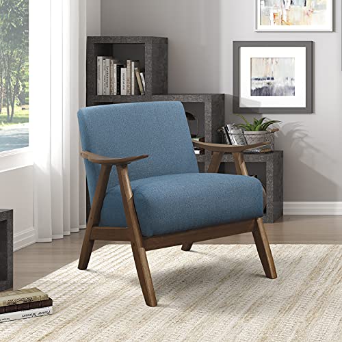 Mid Century Modern Accent Chair with Solid Wood Frame in Walnut Finish, Upholstered Living Room Lounge Arm Chair, Thick and Comfy Innerspring Seat Cushion, Linen-Look Fabric, Blue