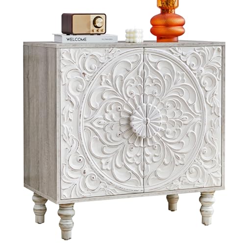 White Distressed Carved Accent Cabinet,2 Door Vintage Storage Sideboard, view 2