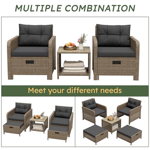 Balcony Furniture 5 Pieces Patio Set, Hand-Woven Rattan Patio Conversation Set with Soft Cushions & Coffee Table, Outdoor Chairs with Hidden Ottoman for Porch, Lawn, Garden, Balcony, Black