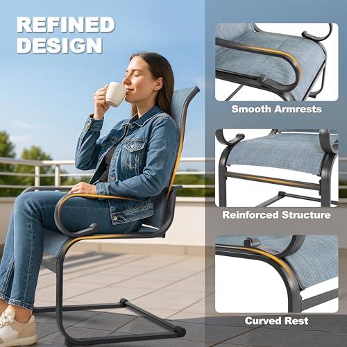 Padded Textilene Patio Dining Chairs Set of 2, C-Spring Patio Chairs with Curved Armrests, Powder-Coated Metal Frame Patio Furniture for Backyard Garden Poolside Lawn, Blue and Black
