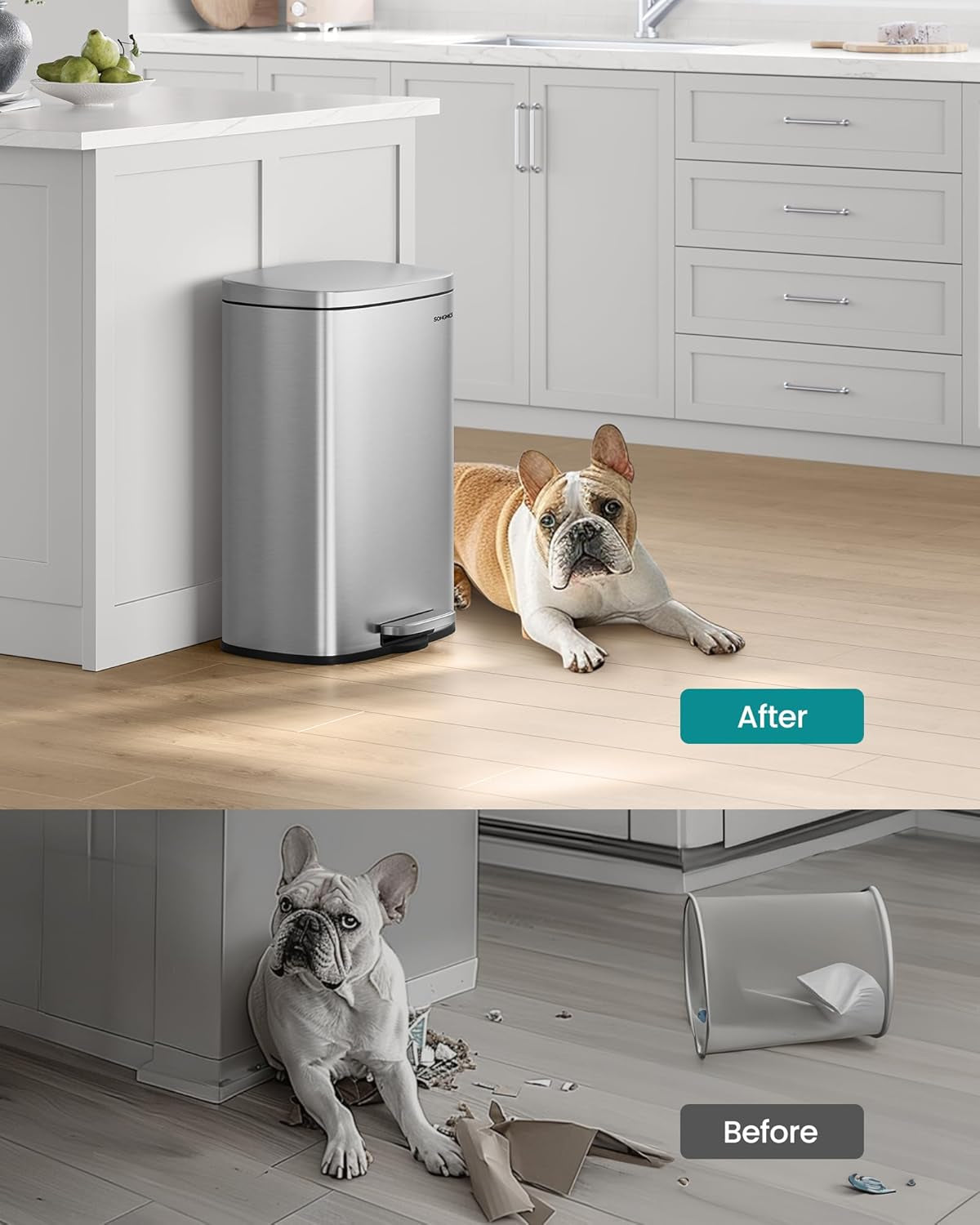 13 Gallon (50 L) Trash Can, Stainless Steel Kitchen Garbage Can, Recycling or Waste Bin, Soft Close, Step-On Pedal, Removable Inner Bucket, Silver ULTB050E01