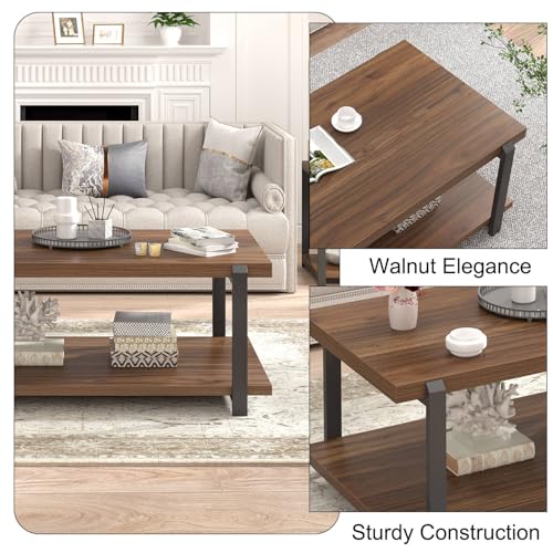 Modern Coffee Table with Storage Shelf, Rustic Wood Center Table for Living Room, Walnut