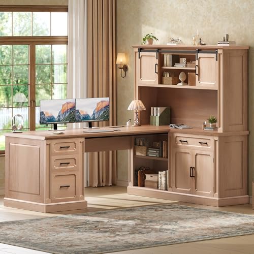 67" Farmhouse Executive L Shaped Desk with Hutch & Storage, view 2