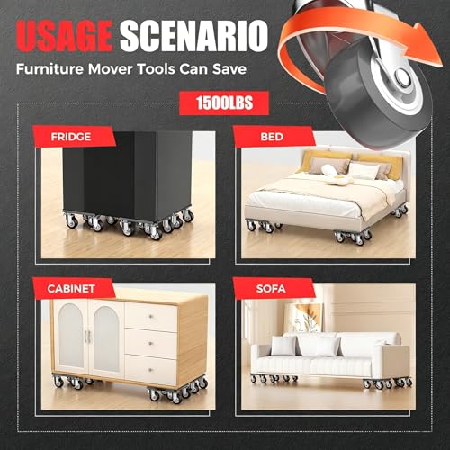 Heavy Duty Furniture Dolly Set with 5 Wheels, Furniture Movers with Lifter Tool, Carbon Steel Moving Sliders for Sofa Refrigerator Cabinet, 360° Rotating Casters, Black, 5.3 Inch