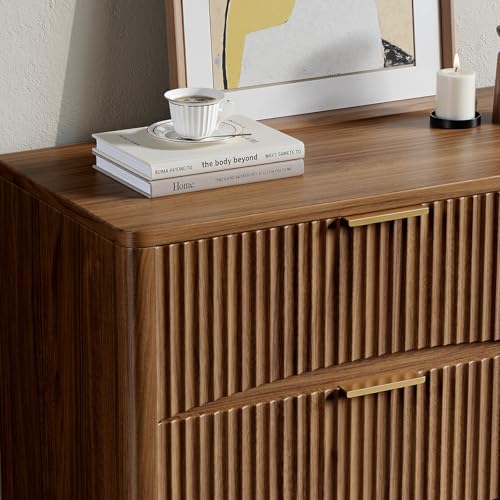 54" Wide Fluted 6 Drawer Dresser, Mid Century Modern Curved Dresser, Light Wood Chest of Drawers for Bedroom, Living Room and Entryway, Walnut