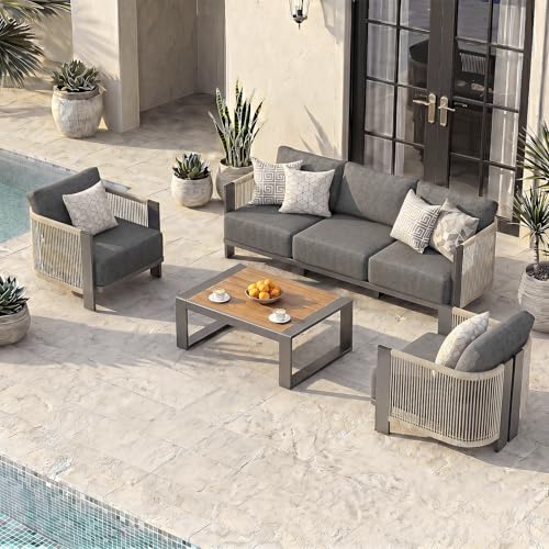 Luxury Patio Furniture Set, 4-Piece Curved Outdoor Furnitrue Set with Weather-Resistant Aluminum Frame and 7.1" Thicker Cushion, Woven Rope Patio Conversation Set for Deck, Garden