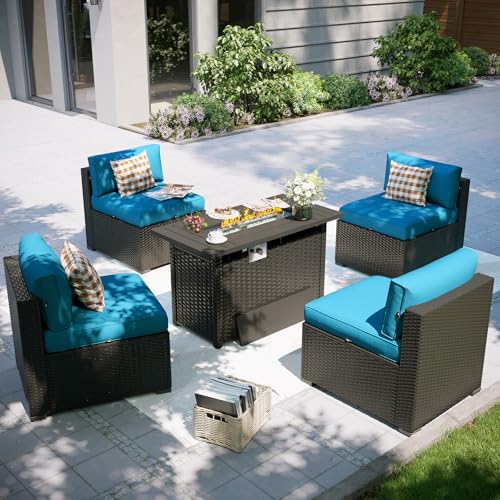 Patio Furniture Set with Fire Pit Table, 5 Piece Outdoor Sectional Sofas, Wicker Rattan Outdoor Furniture with Thickened Cushion for Backyard, Garden Peacock Blue