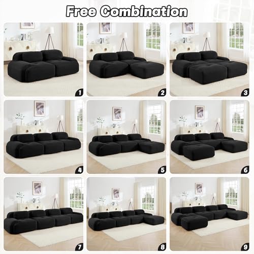116" Modern Corduroy Cloud Sofa with Ottoman, L Shaped Boneless Modular Large Sectional Couches for Living Room, Black 3 Seater Compressed Memory Foam Couch, Extra Deep Seat, No Assembly