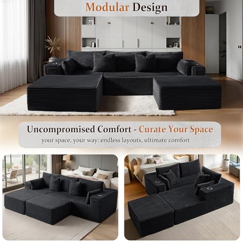 108" Oversized Cloud Sectional Couch, Comfort U Shaped Boneless Couch for Living Room, Extra Deep Seats No Assembly, Modular Sofa, Corduroy (Black, 2 Seater + Left Facing Chaise + Ottoman)