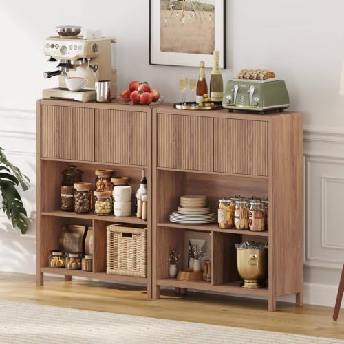 Bookshelf with Storage, 5 Cube Bookcase with Doors, Farmhouse Wood Cube Storage Organizer for Home Office, Bedrooom, Living Room (Walnut)