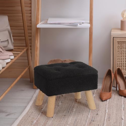 Storage Ottoman, Small Foot Stool Ottoman with Storage, Boucle Teddy Velvet Foot Rest with Padded Seat, Sturdy Wood Legs Stool for Living Room, Bedroom, Couch, Enterway (Black)