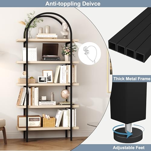 Bookshelf 5 Tier Arched Bookcase, 74" Tall Industrial Open Book Shelves for Living Room, Modern Freestanding Display Shelving Storage Rack with Metal Frame, Office, Bedroom, Natural Wood Color