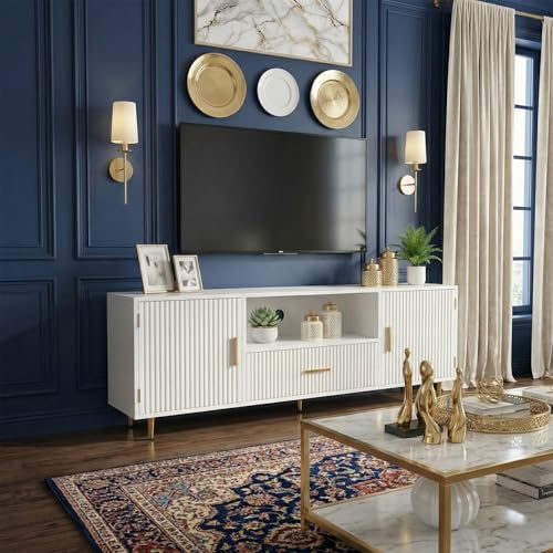 Modern Fluted TV Stand for 55/60/65 Inch TV, 57" Entertainment Center Media Console Table with Drawer & Storage Cabinets, Ribbed Design TV Cabinet Credenza for Living Room, White