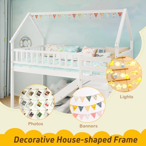 House Bunk Bed Twin Over Twin with Slide & Stairs, Wood Bunk Bed with Storage Shelves, No Box Spring Needed, Twin Floor Bed for Kids Teens Boys Girls (White)