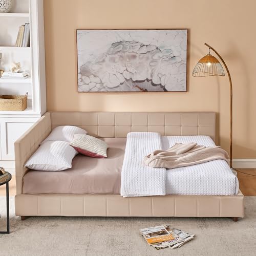GDFStudio Queen Size Upholstered Velvet Tufted Bed Frame, Sofa Lounge Bed with Backrest and Armrest, Mid-Century Modern Daybed for Living Room, No Box Spring Required,Mattress not Included,Pink