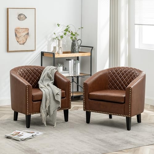 29" W Faux Leather Barrel Chairs Set of 2, Modern PU Upholstered Tufted Club Chairs with Nailhead Trim, Small Armchairs Accent Chairs for Living Room Bedroom Apartment Lounge Nursery, Brown
