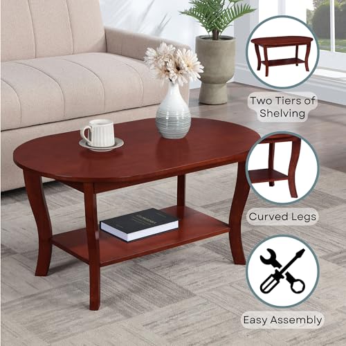 American Heritage Oval Coffee Table 36" - Classic Living Room Table with Storage Shelf for Transitional Living Room, Mahogany