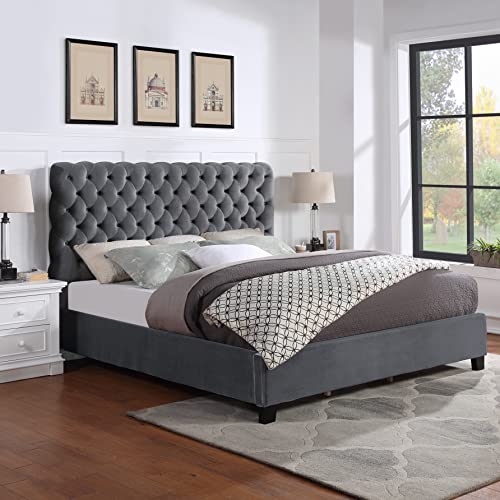 Apoera Velvet Upholstered Button Tufted Bed, King, Gray, view 2