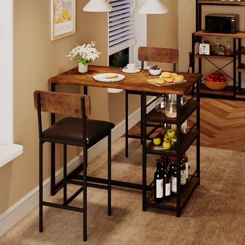 Dining Table Set for 2 with 3 Storage Shelves, 3-Piece Counter Height Kitchen Table Set with 2 Upholstered Bar Stools, Bar Table and Chairs Set for Small Space, Brown