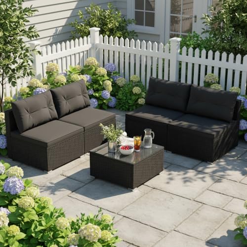 5 Piece Rattan Sofa Set, Outdoor Wicker Furniture Set w/Seat & Back Cushions, Square Coffee Table, Patio Sectional Sofa Set for Backyard, Poolside, Garden (Black)