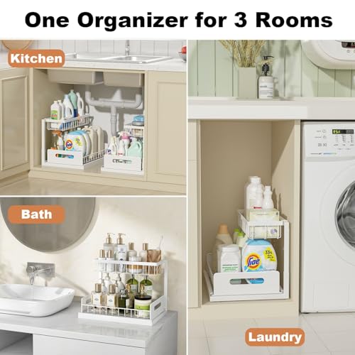 Under Sink Organizer, Pull Out Cabinet Organizer, 2 Tier Metal Slide Out Shelf with L Shaped Design for Kitchen, Bathroom, Laundry, and Utility Cabinet Storage for Deep Cabinets, White, 2 Pack