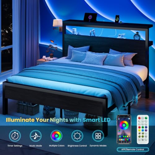 Queen Bed Frame, 2-Tier Storage Headboard, LED, Charging Station, view 8