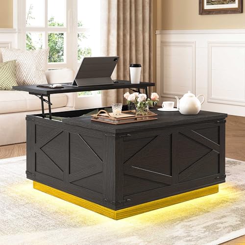 Farmhouse Lift Top Coffee Table, Square Wood Center Table with LED Lighting, USB-C Charging Station, and Hidden Storage Compartment - Rustic Black Living Room Furniture
