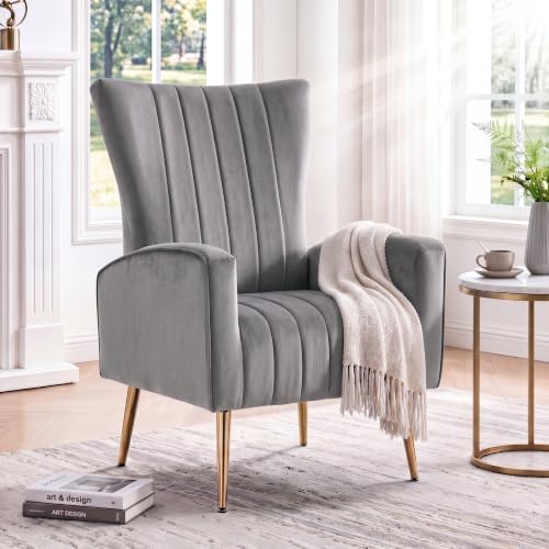 Velvet Accent Chairs Set of 1, Modern Fabric Upholstered Living Room Chairs Armchairs with Wing Back and Metal Legs, Grey
