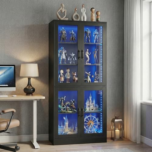 Modern Black 5-Tier Display Cabinet with Glass Doors and LED Lights, 65" Tall Storage Bookshelf, 4-Door Freestanding Curio Cabinet for Living Room, Home Office