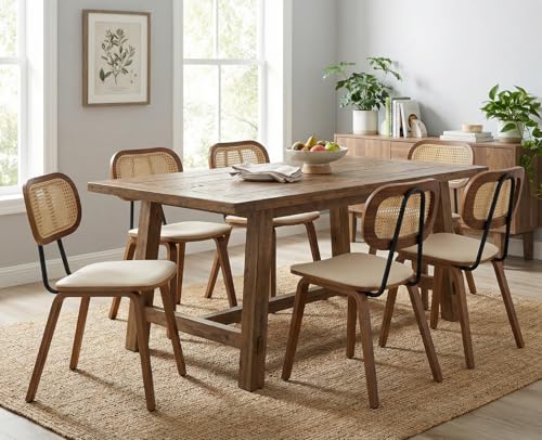 Mid-Century Dining Chairs Set of 6, PU Leather Kitchen Chairs with Rattan Backrest Wooden Legs Armless Design for Dining Room Living Room, Beige
