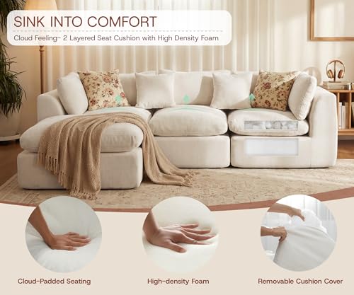 110'' Oversized Boneless Cloud Couch for Living Room, Modern Big Sectional Compressed L Shape Couch with Ottoman, Comfy Chenille Deep Seat Memory Foam Spineless 4 Seater Sofa, Beige