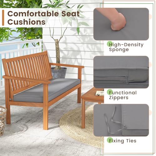 4 Piece Patio Wood Furniture Set, Acacia Wood Sofa Set w/Loveseat, 2 Chairs & Coffee Table, Soft Seat Cushions, Outdoor Wood Furniture Set for Porch, Yard, Balcony (Gray)
