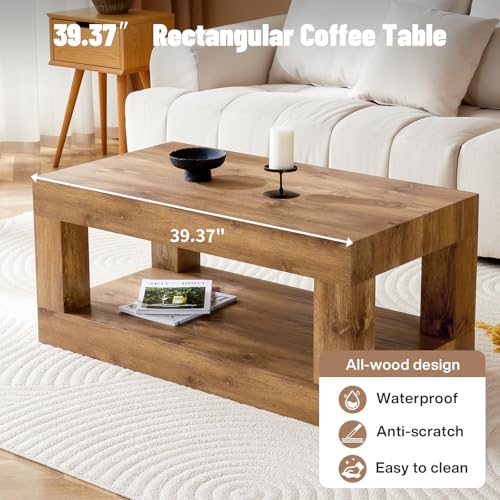 39.37" Coffee Table with Storage, 2-Tier Mid Century Rectangular Accent Table with Thick Tabletop, Rustic Style Cocktail, Center Table for Living Room, Office, Apartment (Natural Wood)