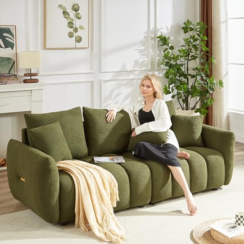 Boucle Cloud Sofa Couch, Comfy Upholstered Deep Seat Boucle Sofa, Cozy Modern 3 Seater Couch with 3 Pillows, Oversized Loveseat for Living Room Apartment Office, Olive Green