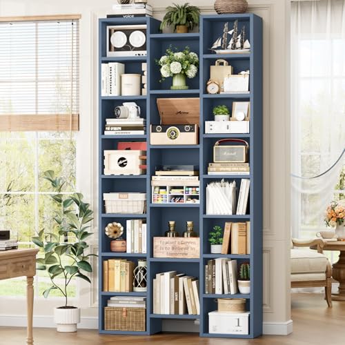 71'' Tall Bookshelf with 21 Cubes, 8 Tier Triple Wide Bookshelf with 8 Adjustable Shelves, 35" Large Bookcase DVD/CD Media Tower Storage, Freestanding Display Shelf Cabinet, Blue