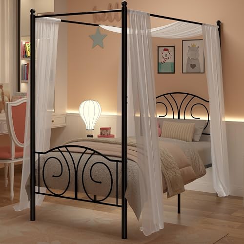 Twin Canopy Bed Frame, Vintage Scrollwork Headboard, Matte Black, view 8