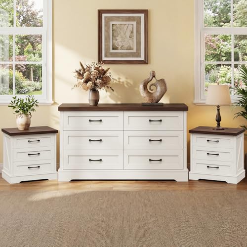 Dresser and Nightstand Sets 3 Piece, Farmhouse 6-Drawer Dresser & 3-Drawer Nightstand, Furniture Set for Bedroom, Rustic White & Dark Walnut