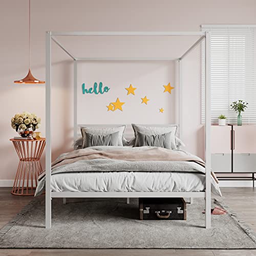Queen Size Canopy Bed Frame with Heavy Duty Metal Slats, White, view 7