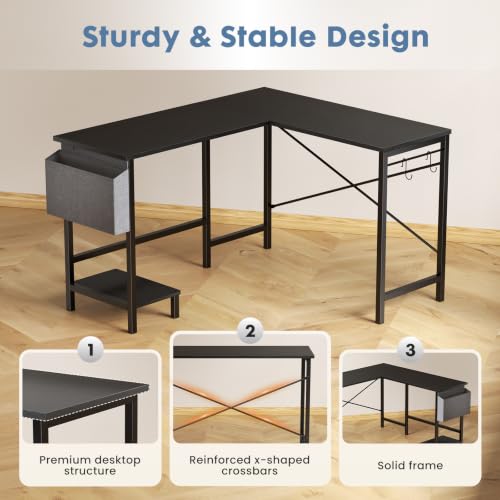 L Shaped Computer Corner Desk with PC Stand, Black, view 7