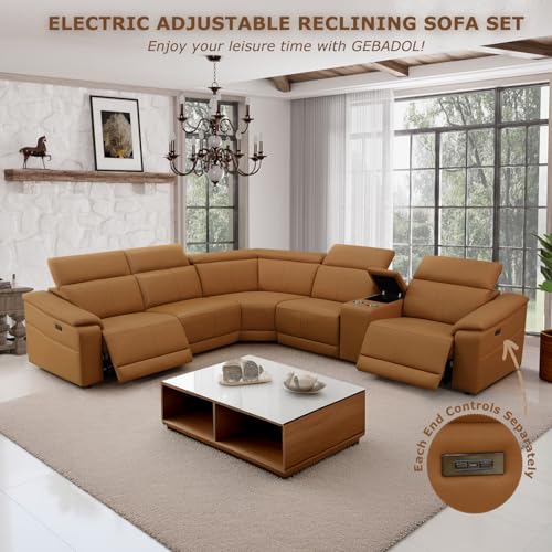 5 Seat Power Reclining Sectional Sofa, L-Shaped Air Leather Couch with Recliners, USB Charging Ports, Storage Console, Cup Holders, Light Brown Modular Living Room Sofa Set