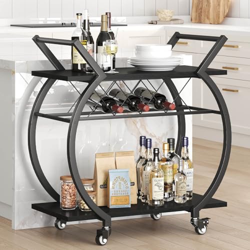 Black Wine Cart with Wheels, Modern Bar Cart with Wine Rack, Industrial Beverage Rolling Kitchen Serving Cart with Storage, Metal Wooden Microwave Drink Liquor Cart for Home Dining Room, Black Oak