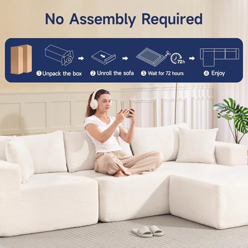 2025 New 108" Cloud Couch Sectional, Comfy Boneless Modular Sectional Sofa with L-Shaped Chaise, Deep Seat Couch for Living Room, No Assembly Required (Beige, Chaise Ottoman)