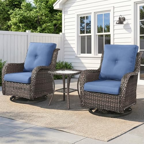 Patio Wicker Chairs Swivel Rocker,Outdoor Patio Furniture Set with Rattan Side Table, All Weather Conversation Set for Porch Poolside Balcony, Brown Wicker/Blue