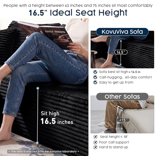 108" Black Modular Sectional Sofa with Ottoman, Cloud U-Shaped Couch for Living Room – No Assembly Needed, Plush Corduroy Fabric, Deep 28" Seat, High-Resilience Foam (Right-Facing Chaise)